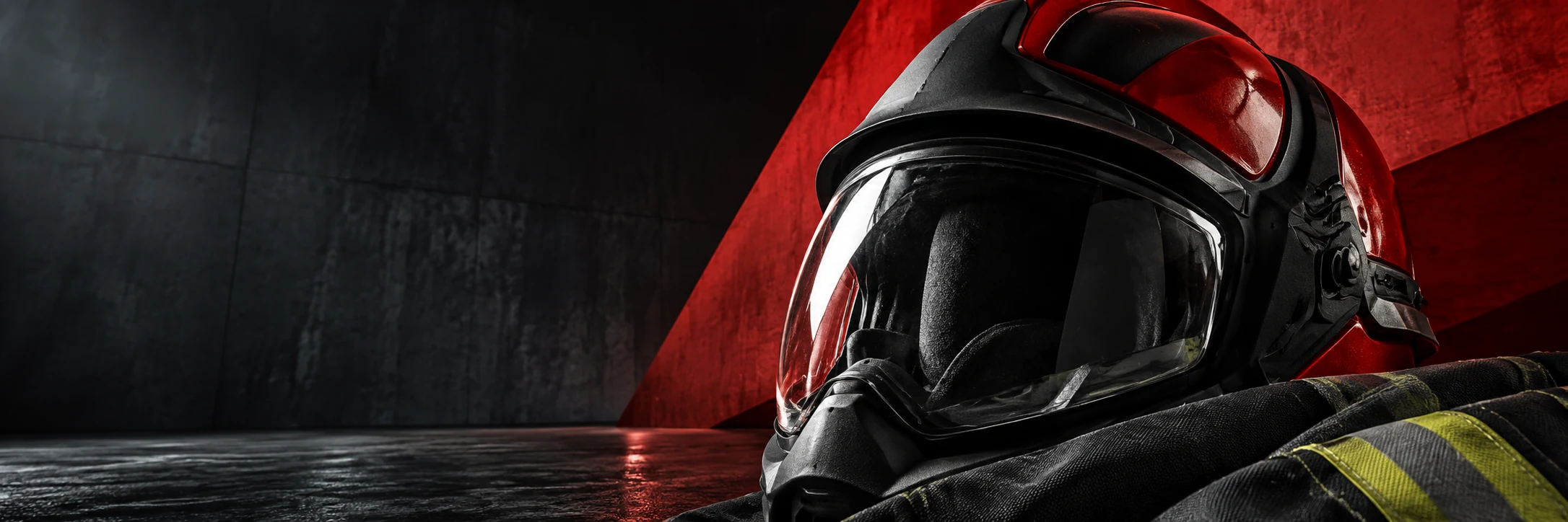 Conceptual studio campaign with a sculptural firefighter helmet against a red architectural backdrop