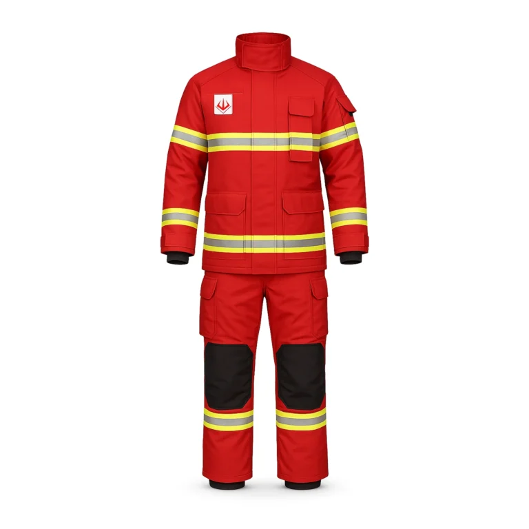 Red firefighter turnout coat and trousers