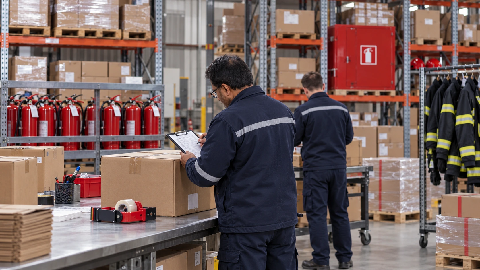 Fire safety equipment specialists inspecting an OEM shipment in a warehouse