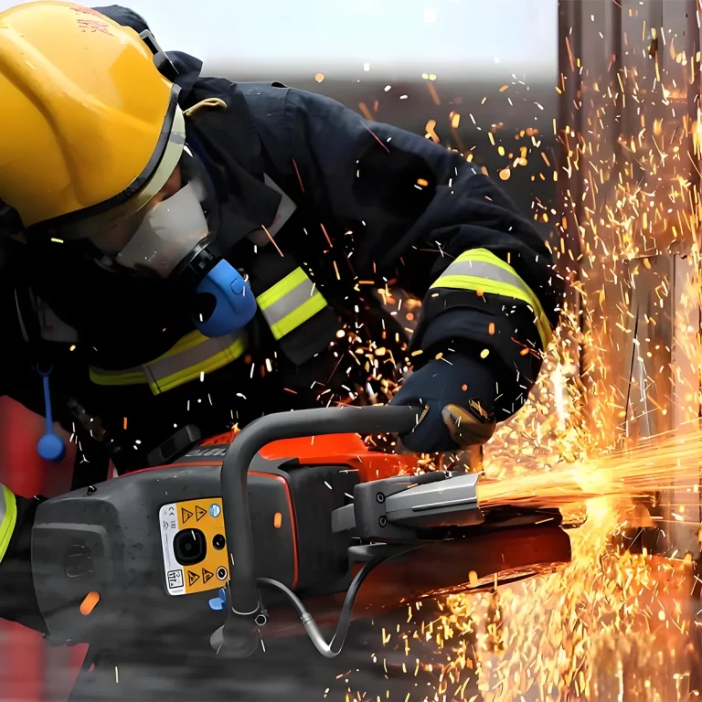 Firefighters using fire fighter tools for rescue