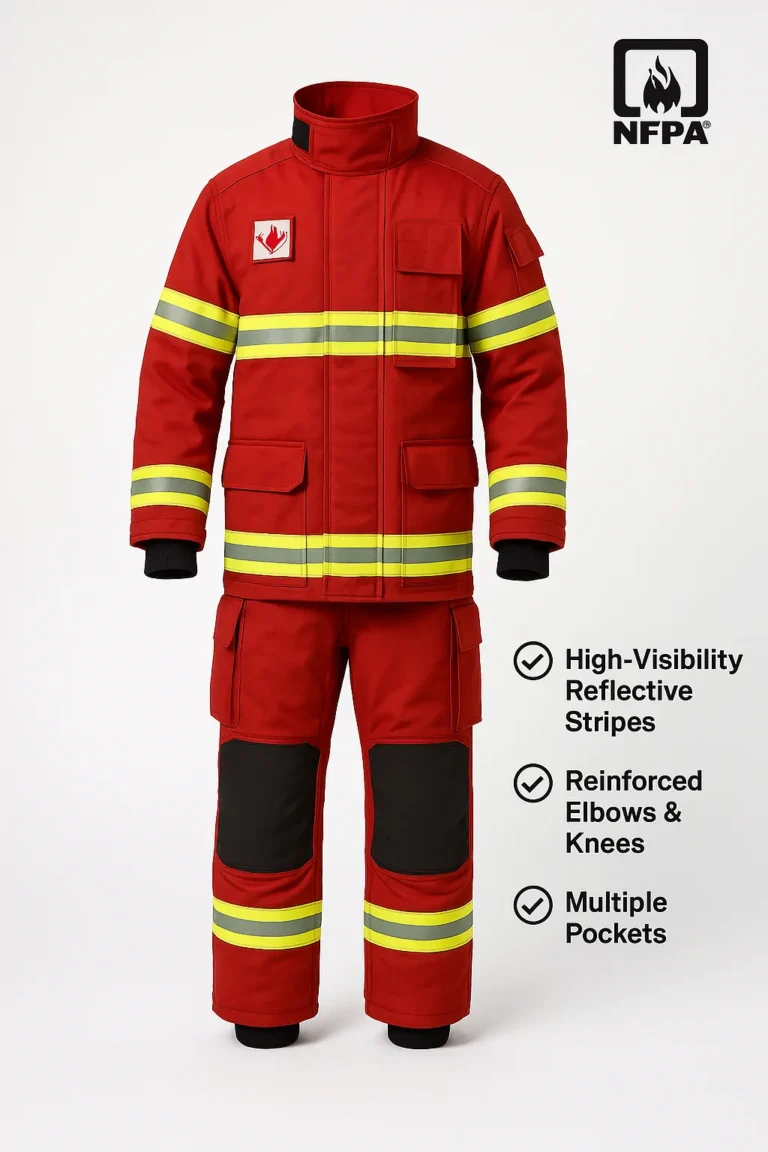 red turnout gear with NFPA1971
