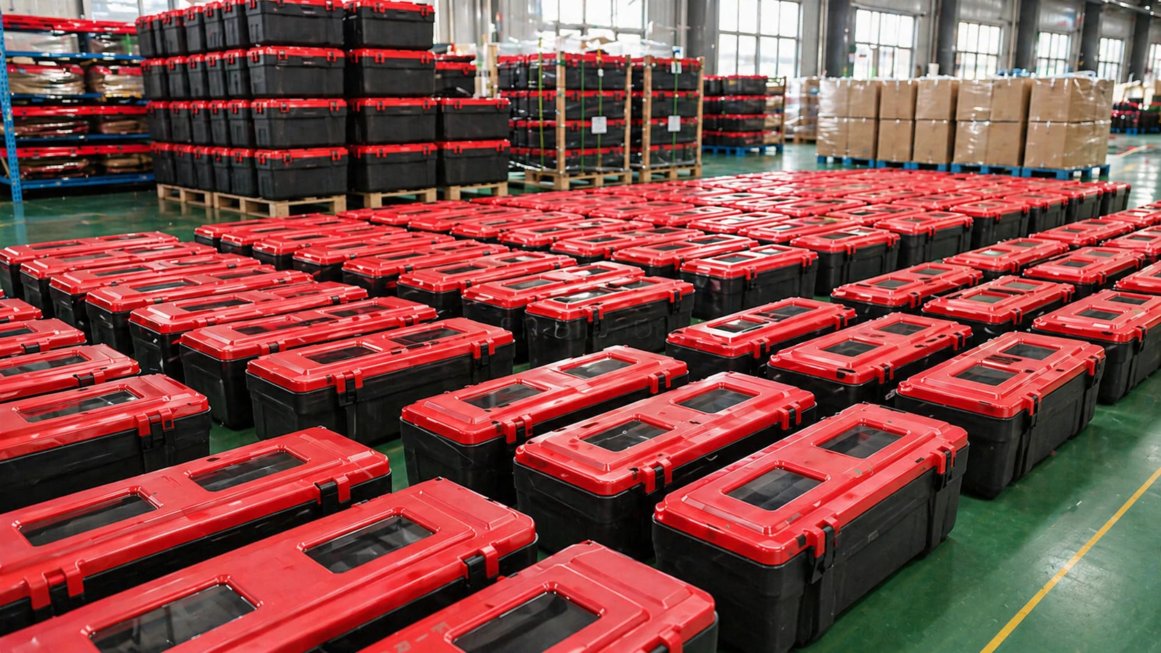 Fire extinguisher cabinets that have completed production are in the workshop.