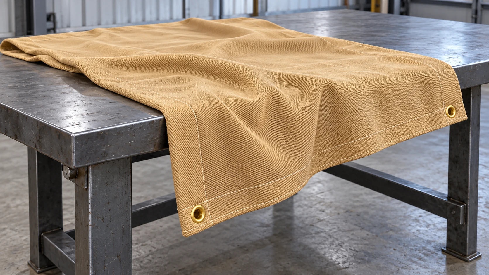 Tan woven welding blanket draped across part of an inactive steel worktable.