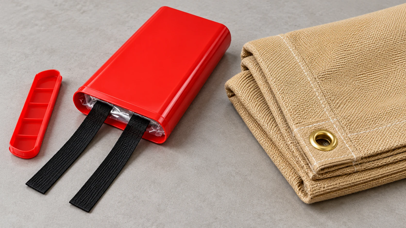 Two emergency blanket pull tapes beside a welding blanket corner with a stitched hem and metal grommet.