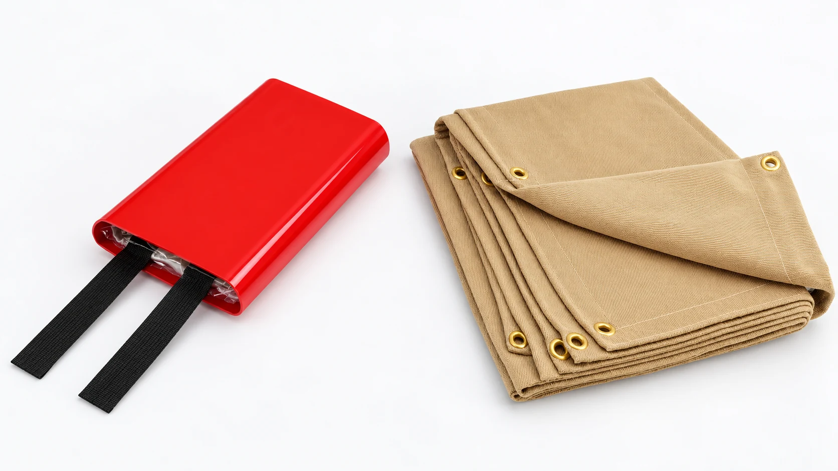Red emergency blanket container with two pull tapes beside a folded tan welding blanket.