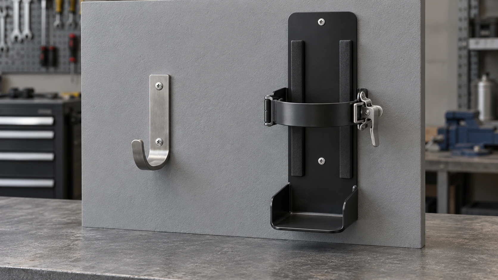 Illustrative open wall hook and retained cradle with a hinged band and latch.