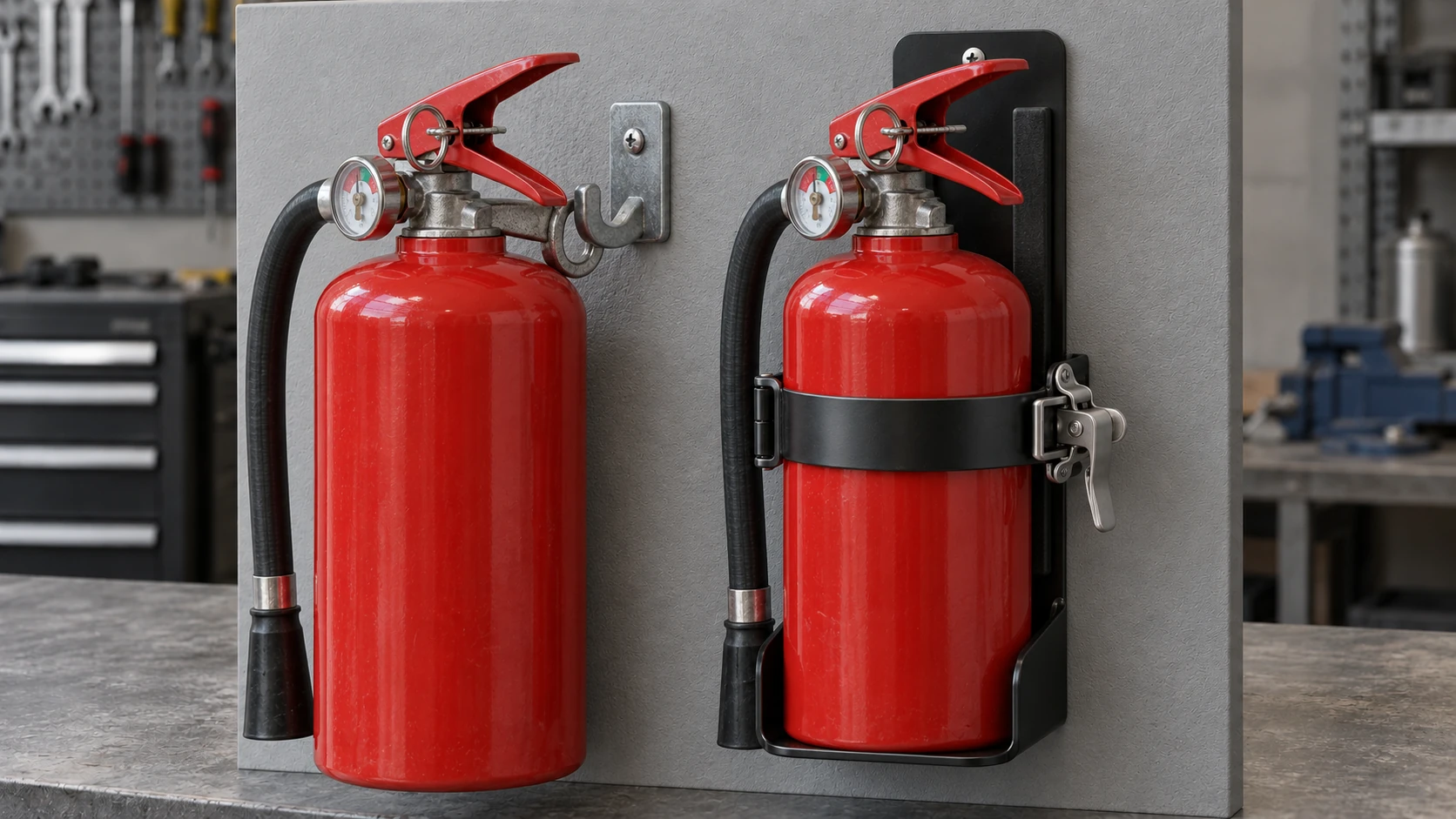Illustrative extinguisher assemblies using an open wall hook and a closed retaining band.
