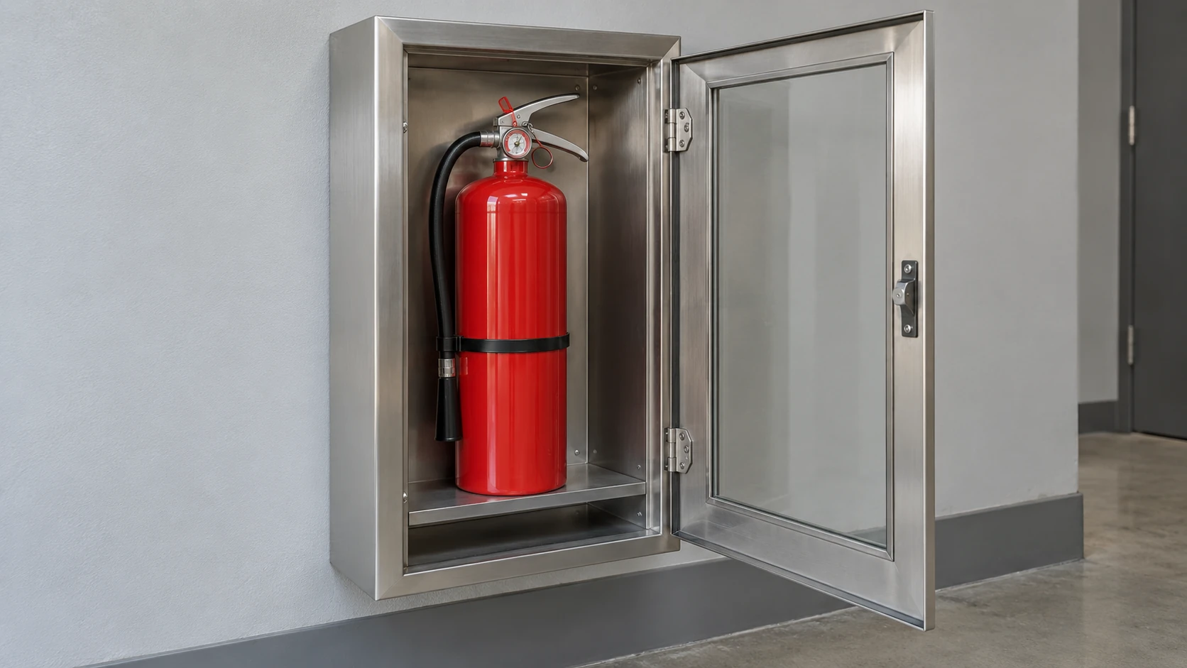 Illustration of an open metal cabinet with an extinguisher seated on an internal shelf.