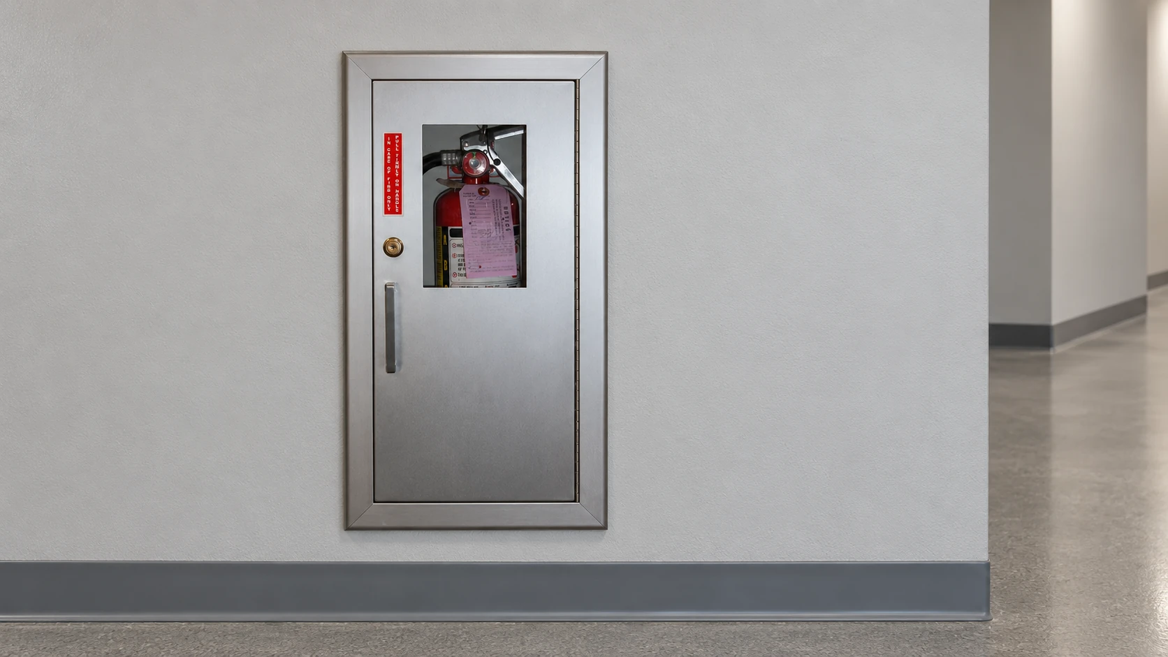 Adapted photo of a fire extinguisher cabinet on an unobstructed corridor wall.