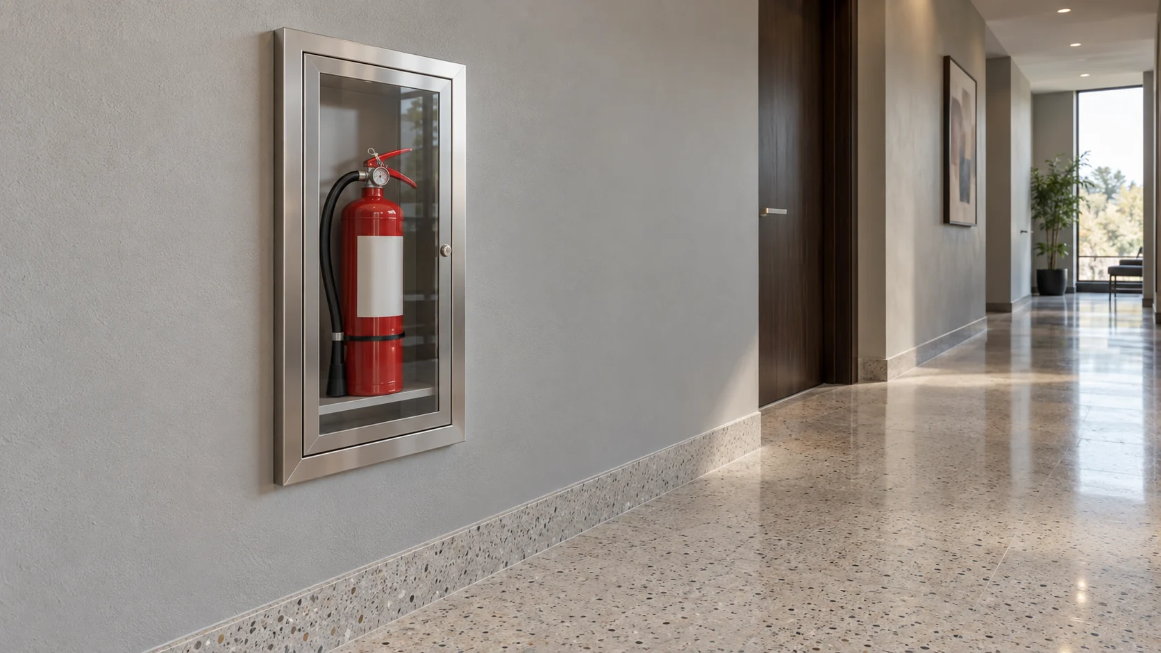 Illustration of an extinguisher cabinet in a corridor, with the finished floor visible.