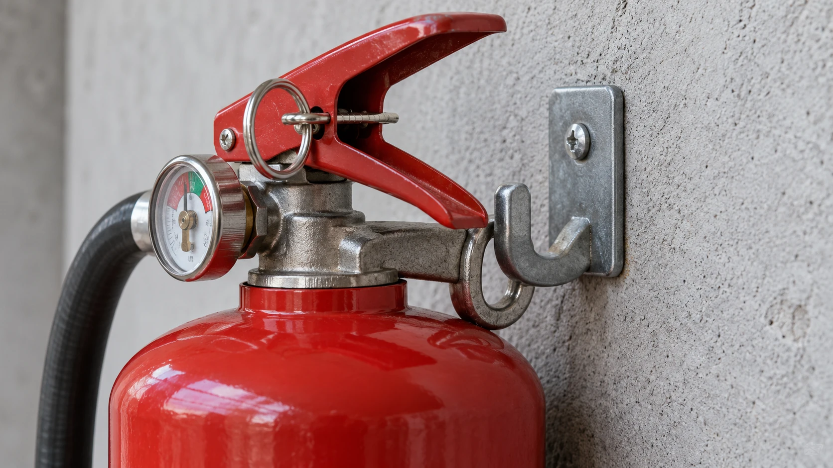 Illustration of an extinguisher hanging eye seated on an open wall hook.