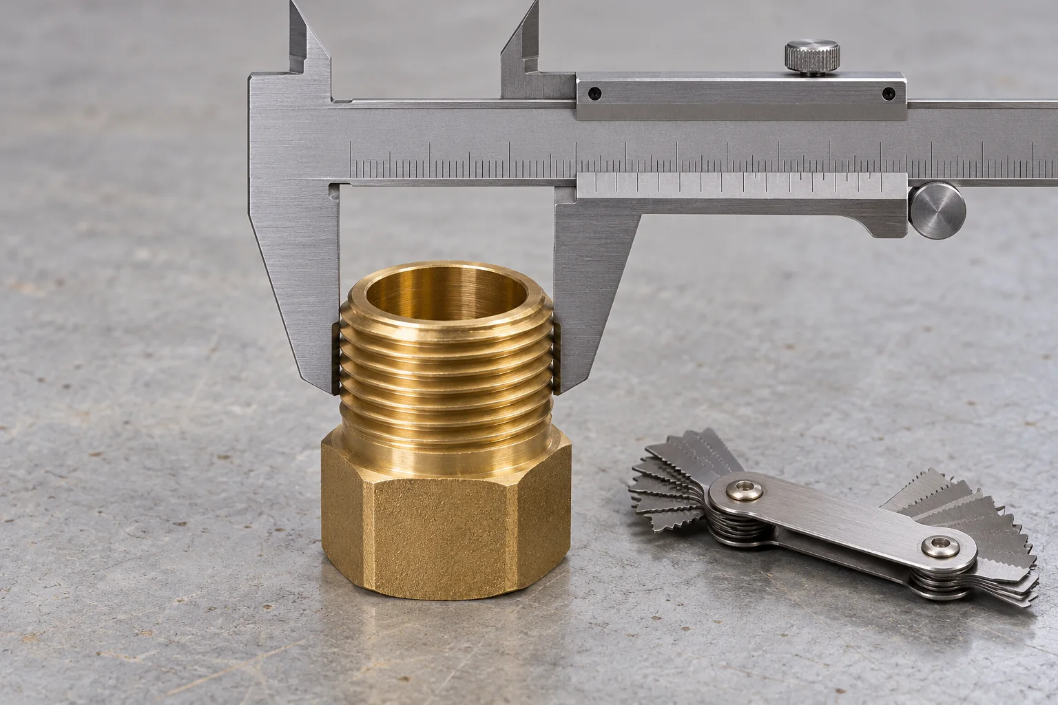 Caliper jaws spanning the outside crests of a male hose thread.