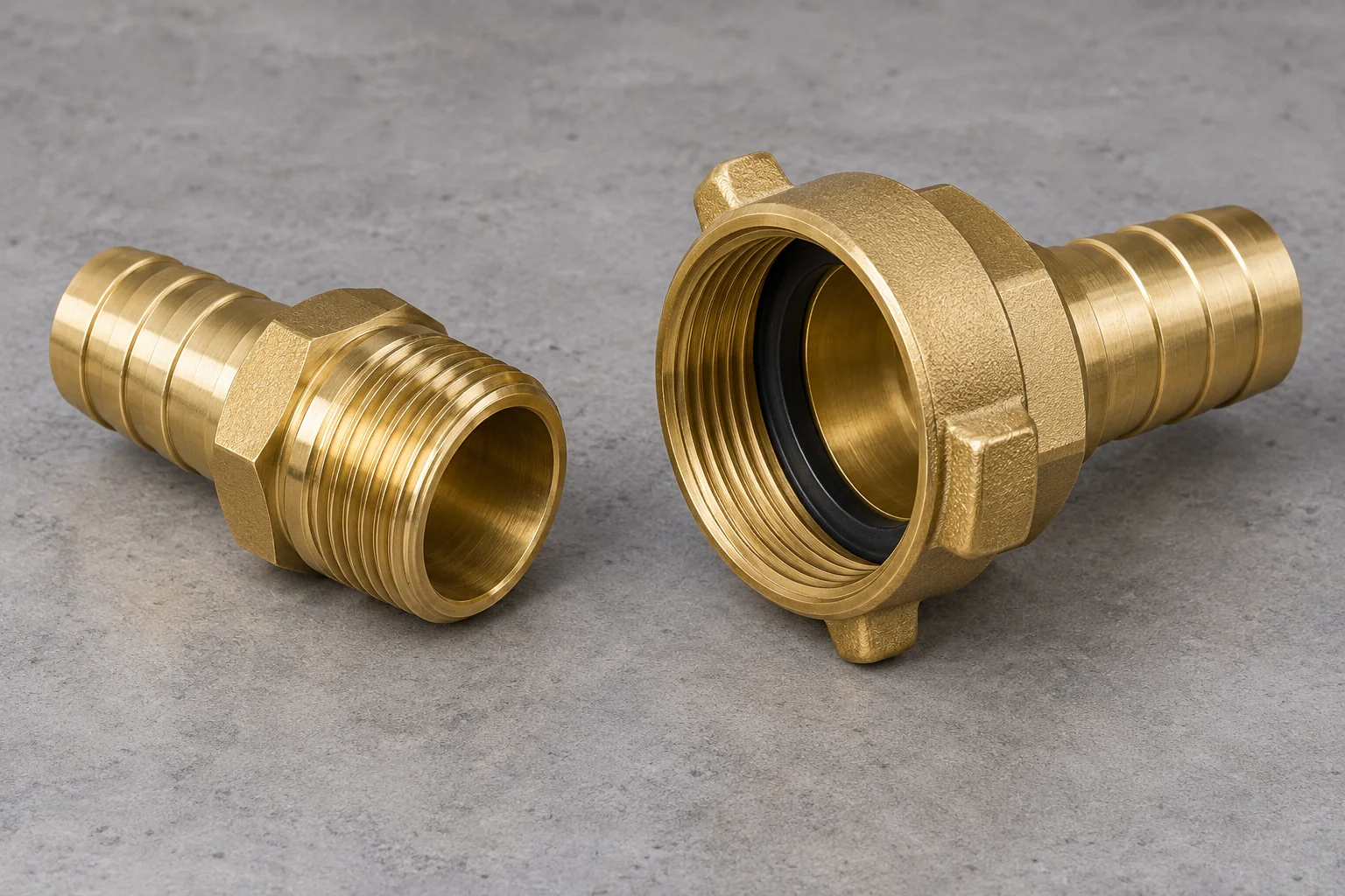 Male threaded hose fitting beside a female swivel coupling.