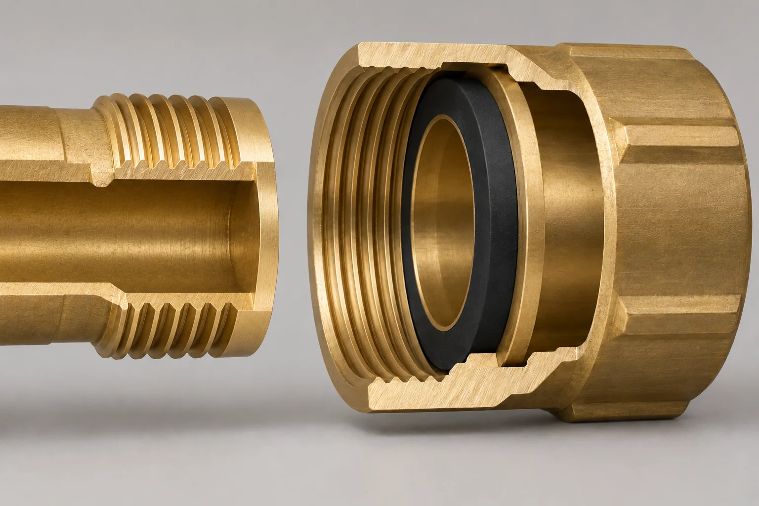 Cutaway of a recessed flat gasket inside a female hose coupling and the separated male end face.