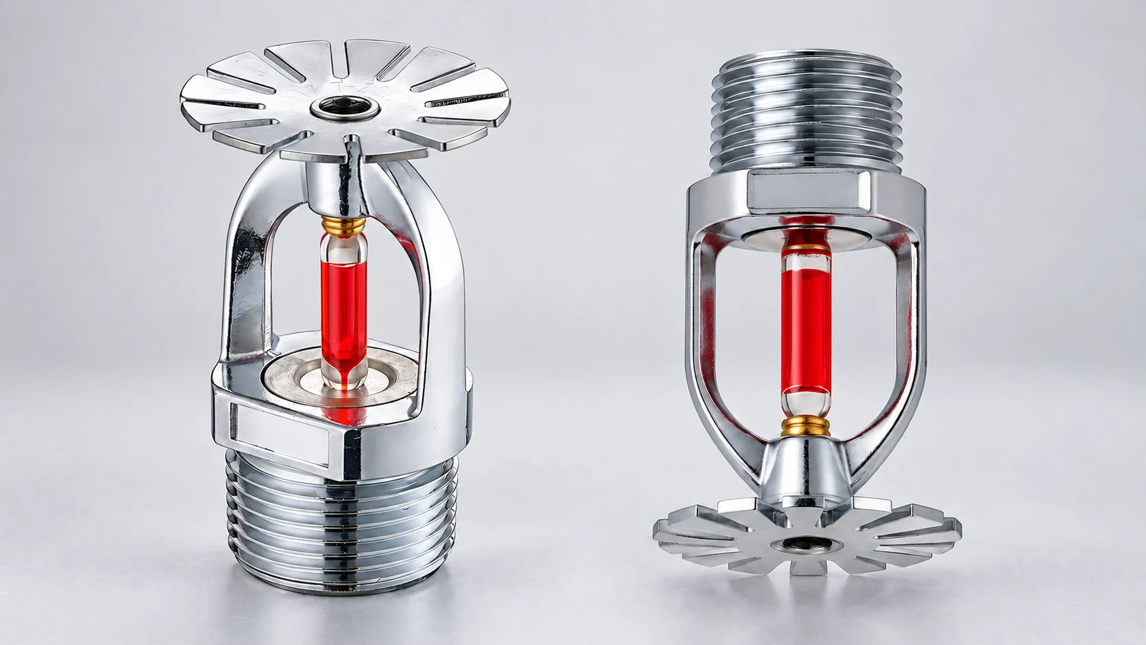 Upright sprinkler on the left with its deflector above the bulb, and pendent sprinkler on the right with its deflector below.
