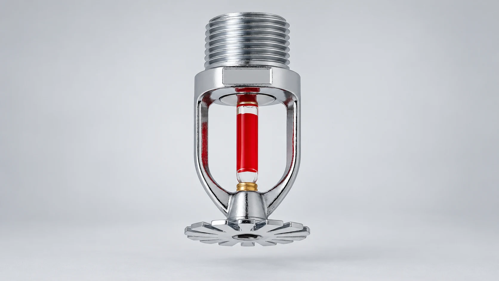 Complete pendent sprinkler with an upper threaded inlet, intact glass bulb and lower deflector.