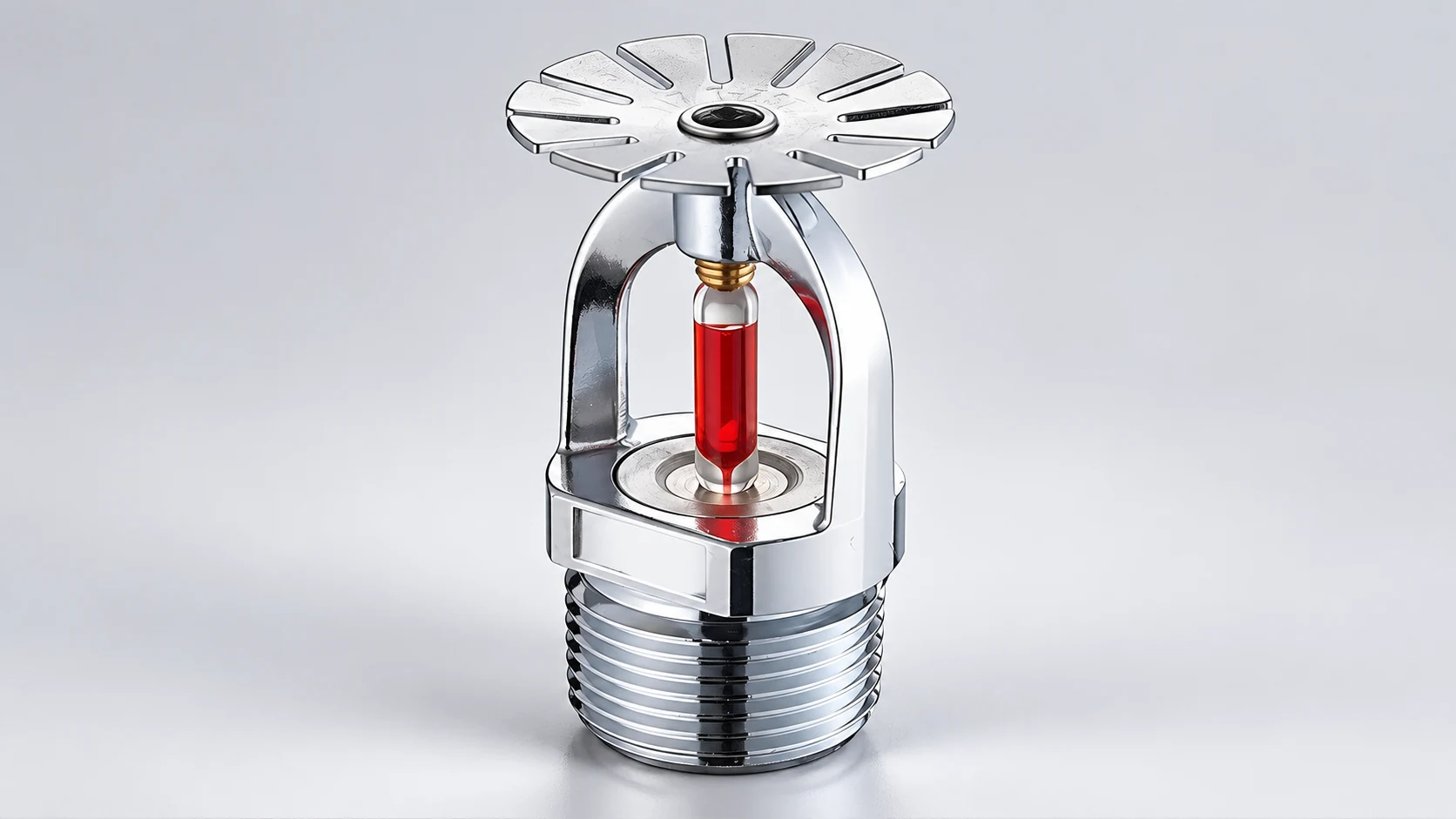 Complete upright sprinkler with a lower threaded inlet, intact glass bulb and upper deflector.