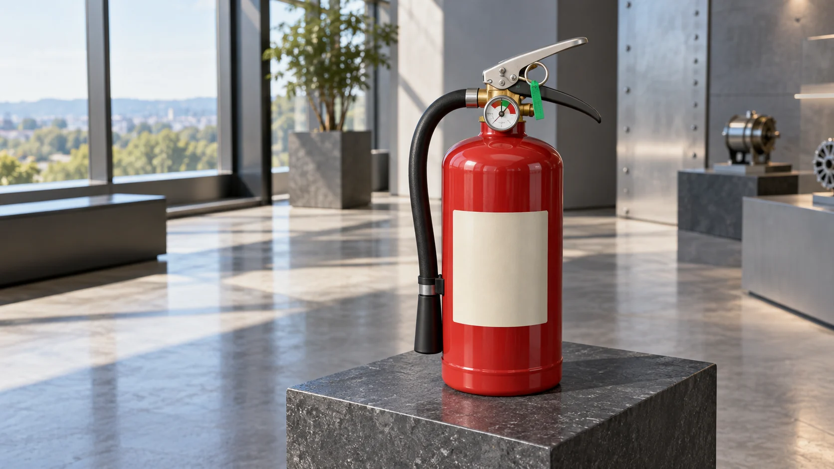 Illustration of a portable extinguisher with a safety pin, gauge and hose.