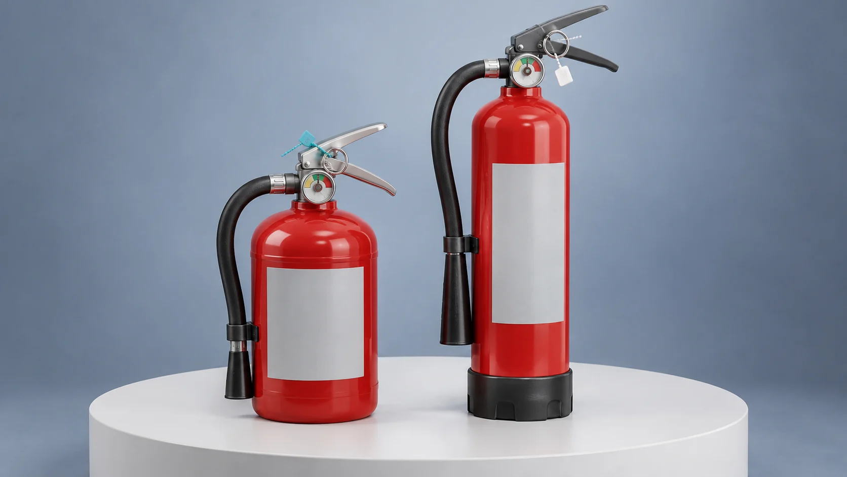 Illustration of two different-sized portable extinguishers on a display surface.