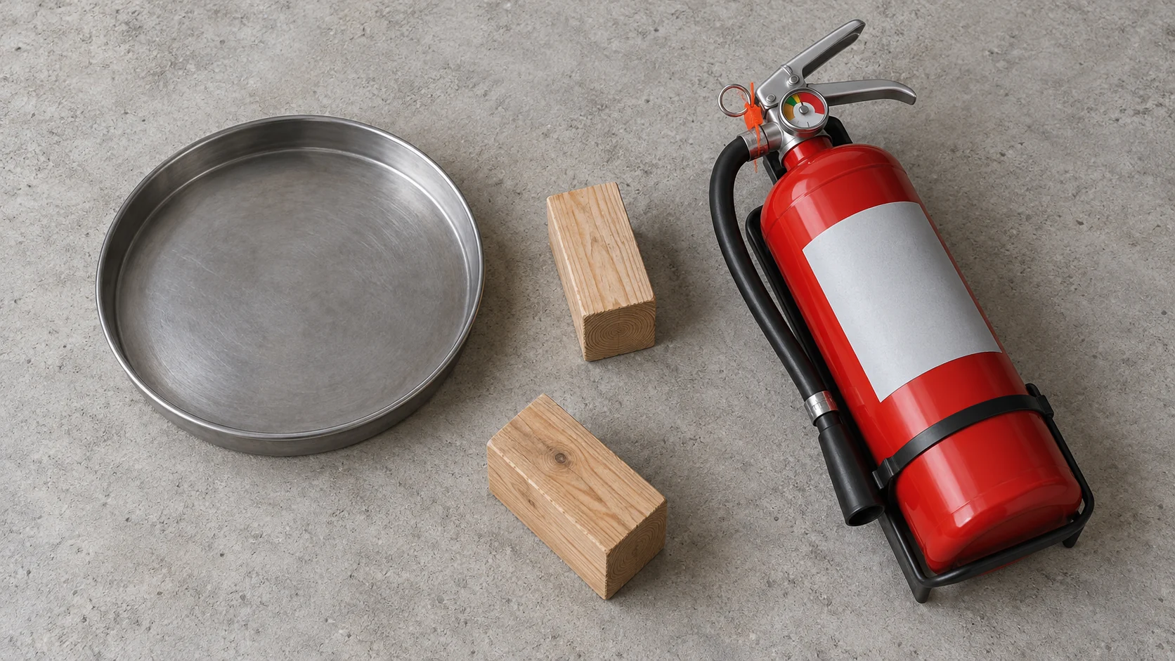 Conceptual illustration of an extinguisher beside unburned wood and an empty metal tray.