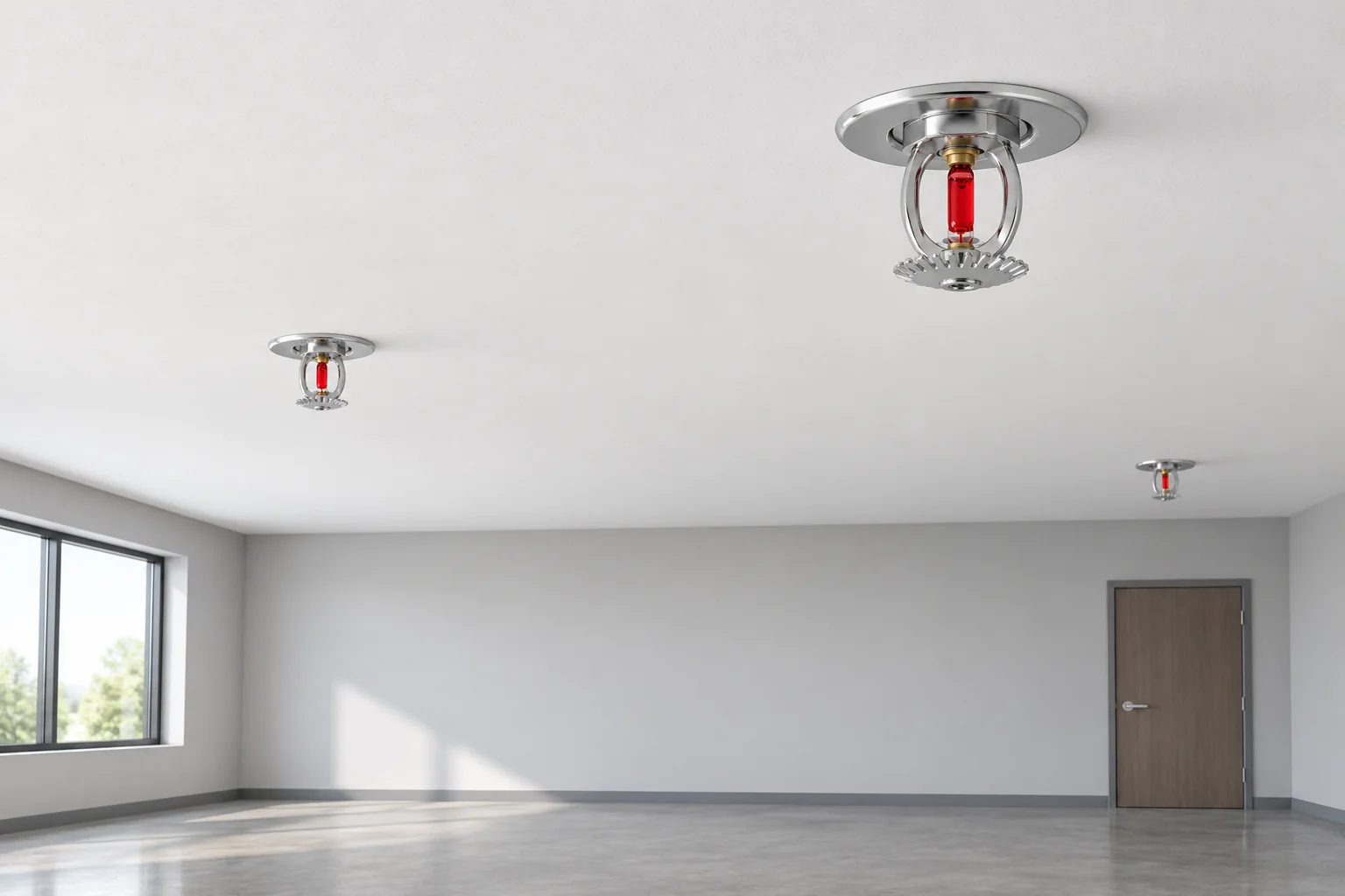 Pendent sprinklers beneath a continuous ceiling in a commercial room.
