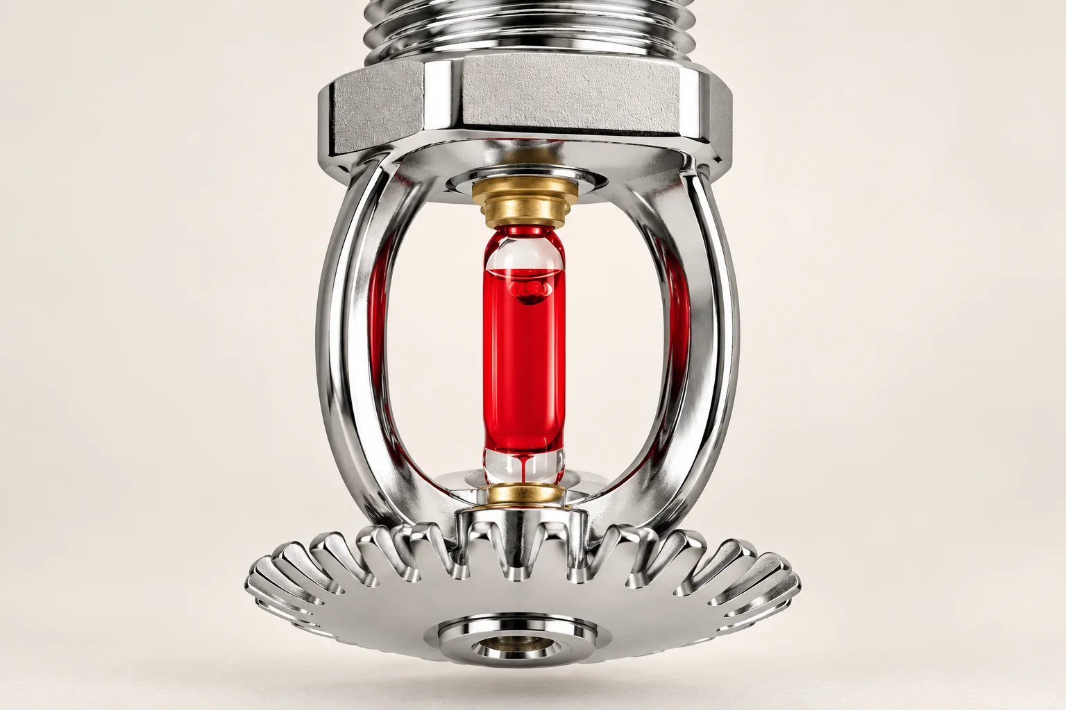 Intact glass bulb held between the closed waterway seat and frame support of a pendent sprinkler.