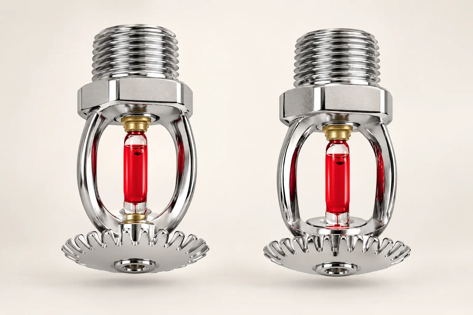 Two intact glass-bulb pendent sprinklers shown in the same orientation.