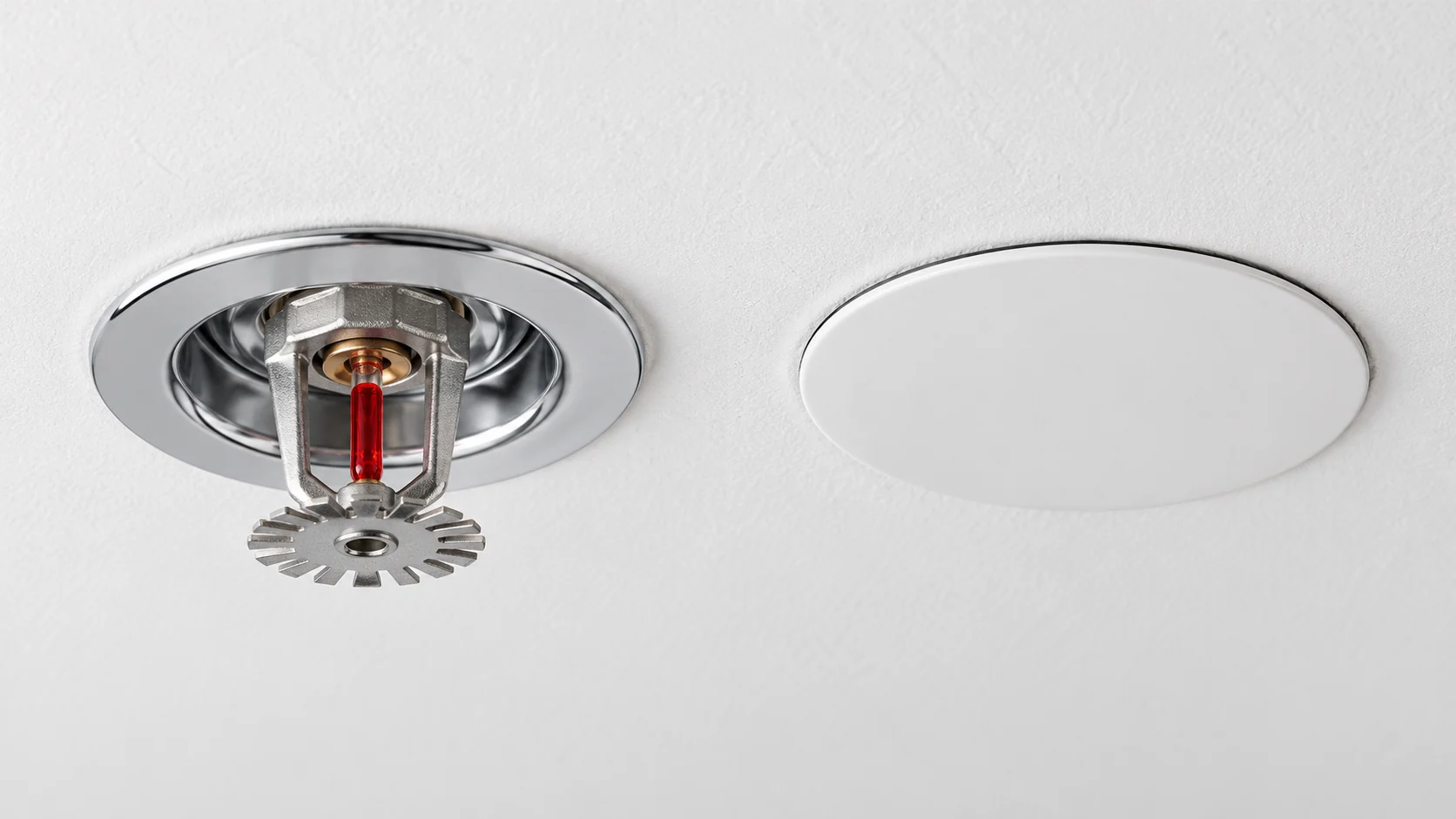 Illustration comparing a recessed pendent sprinkler and a concealed cover at a finished ceiling.